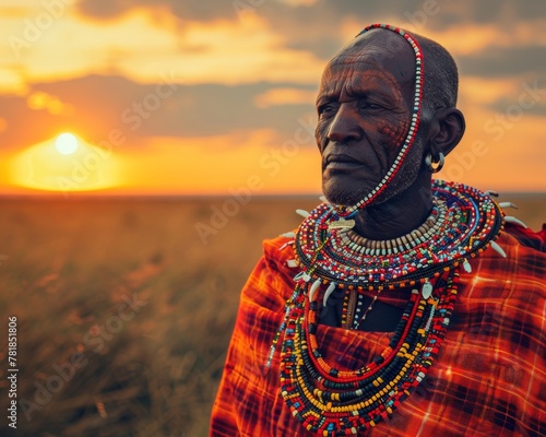 Maasai warrior, beaded jewelry, proud warrior adorned in traditional attire, performing a tribal ritual dance, as the sun sets on the savannah, photography, Golden hour, Vignette