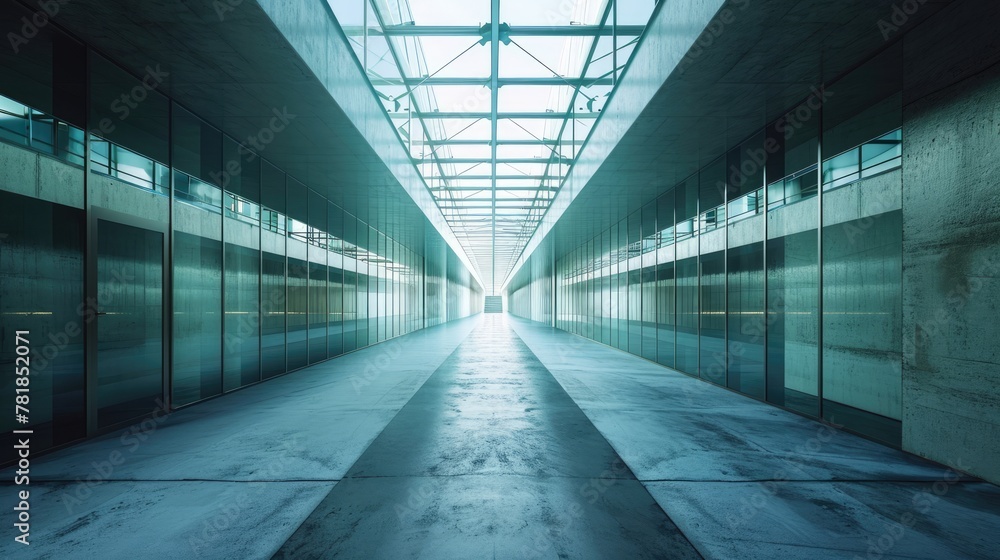 Abstract futuristic glass interior architecture with empty concrete floor.