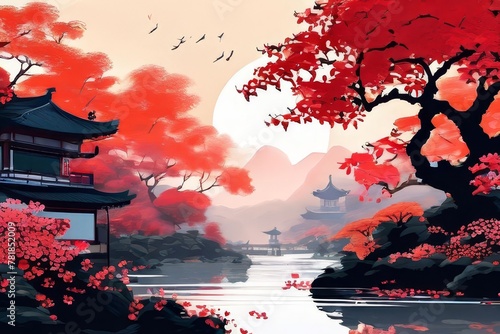 Tthe Chinese painting style of ink and landscape. ai photo