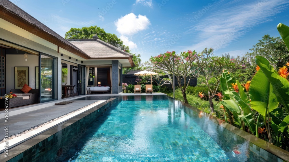Design twin villas with private swimming pools or jacuzzis, providing luxurious amenities for relaxation and recreation 