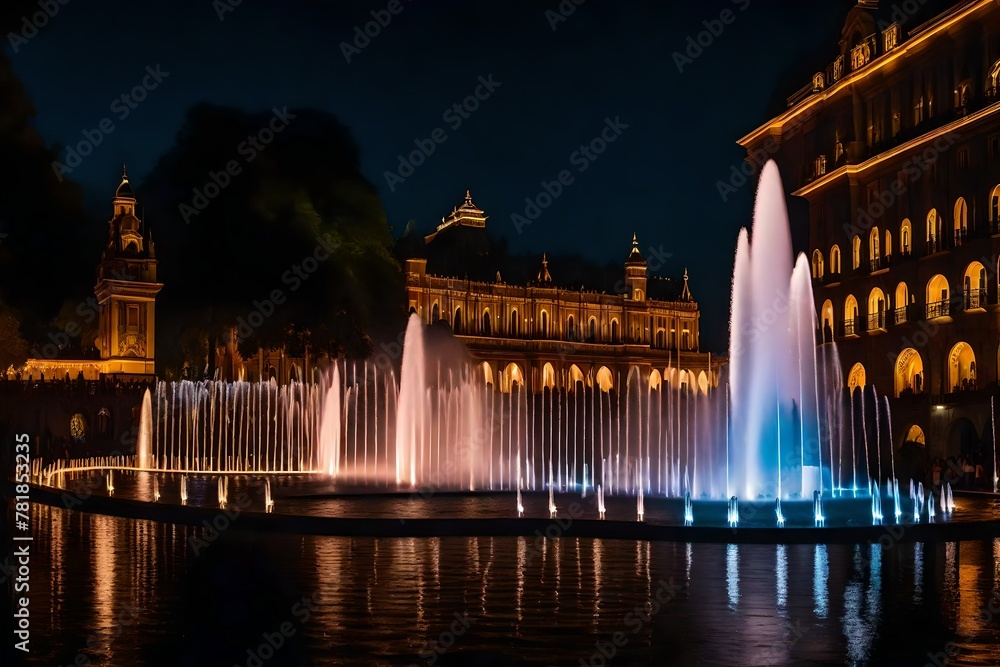 Dancing fountain show. Magical view at night. Tourist attraction. Luxury travel inspiration.