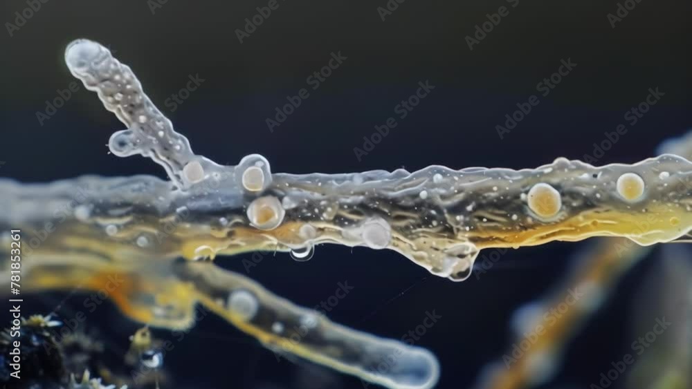 A single elongated conidium with a smooth glossy surface branching off from a larger fungal structure. . AI generation. A single elongated conidium with a smooth glossy surface branching off from a larger fungal structure. . AI generation.