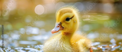 Portrait of a cute yellow duckling. Domestic bird.