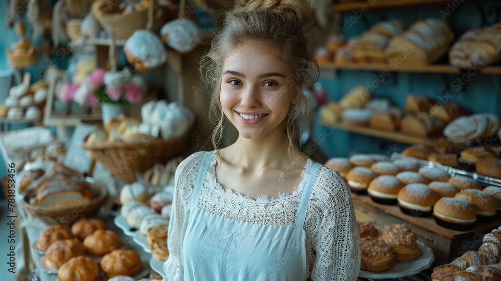 Young Woman Smiling in Artisanal Bakery Young Woman Smiling in Artisanal Bakery