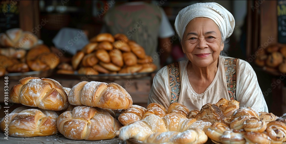 Smiling Baker Woman with Fresh Pastries at Bakery Smiling Baker Woman with Fresh Pastries at Bakery