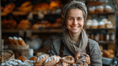 Friendly Female Baker with Fresh Pastries at Bakery Shop