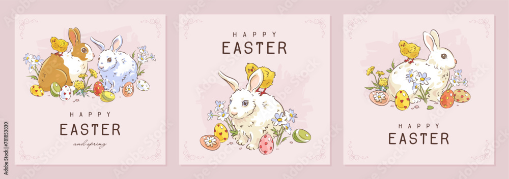 Happy easter square web banner, poster, flyer or greeting card set with hand drawn cartoon easter bunny, easter egg, chicken and flowers on pink background. Vector illustration