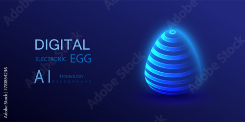Digital electronic toy egg with lines pattern and switch symbol. Easter ai background in technological style. Vector technology illustration.