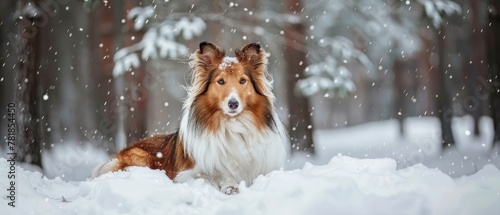 Sheltie breed in the winter forest