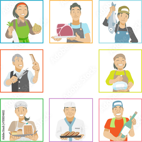 商店街で働く人々のイラスト
