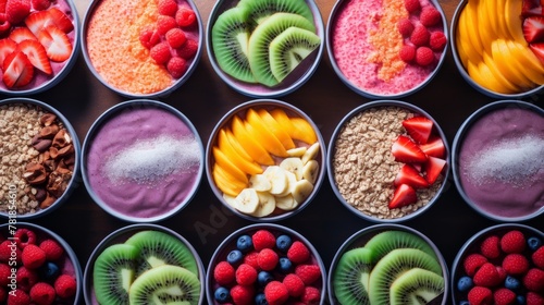 Rainbow of colorful smoothie bowls photo