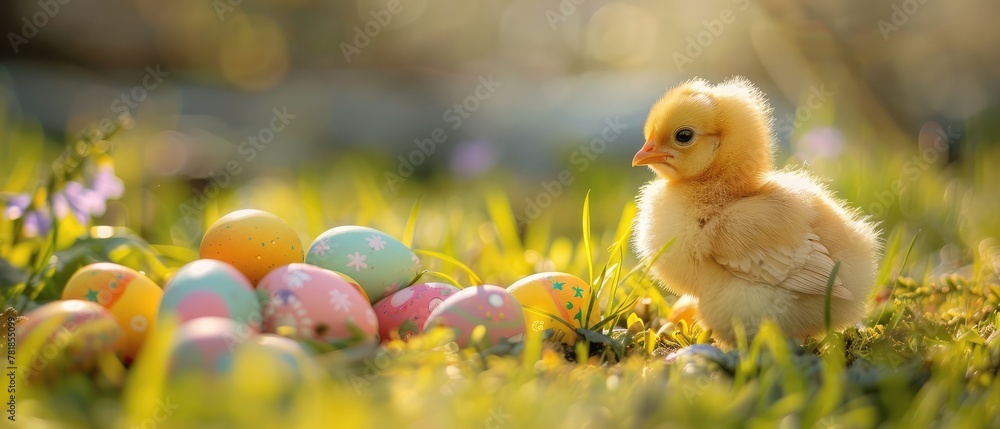 small chick with easter eggs small chick with easter eggs