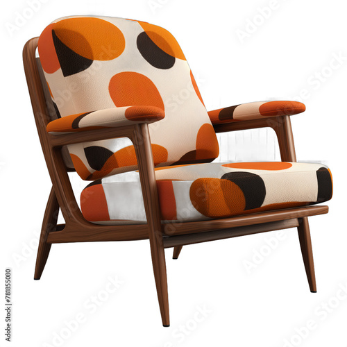 Midcentury modern armchair with orange and black polka dot fabric upholstery and walnut wooden frame