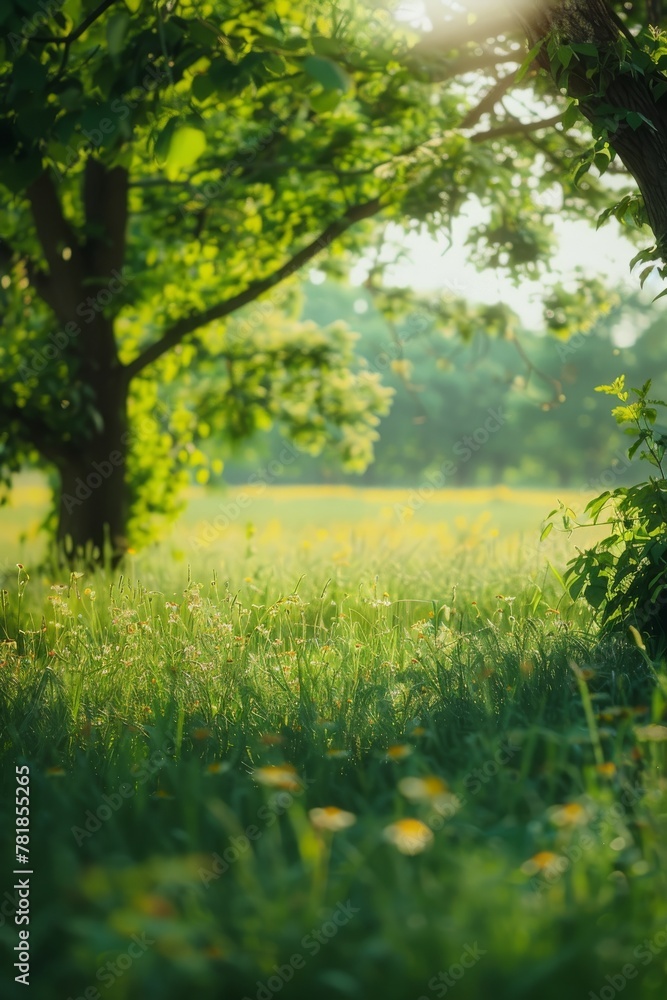 Summer landscape of a lush green field and trees with a blurred background