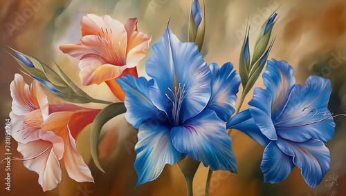  oil painting butterflies, A large blue gladioli , oil painting, warm colors