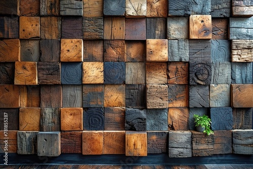 Wallpapered  wood-paneled walls with a natural wood finish