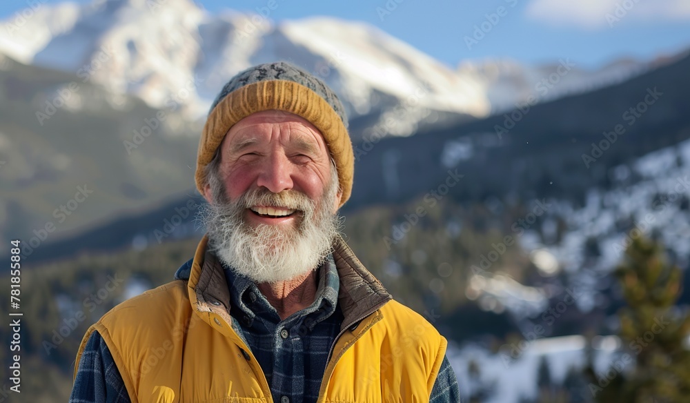 Fototapeta premium Smiling elderly man with white beard enjoying winter mountain view