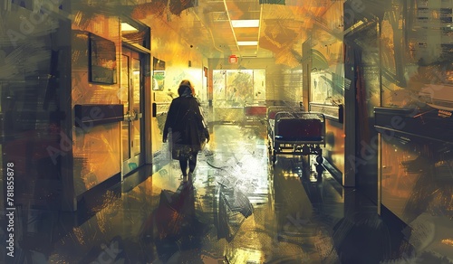 Golden sunset lighting in a serene hospital corridor with a lone adult