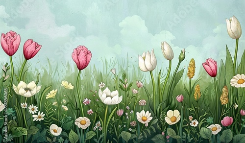Serene meadow with vibrant tulips and wildflowers on a sunny day #781856065