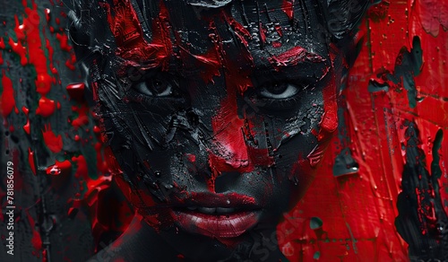 Enigmatic portrait of a dark-skinned adult with dramatic red black paint