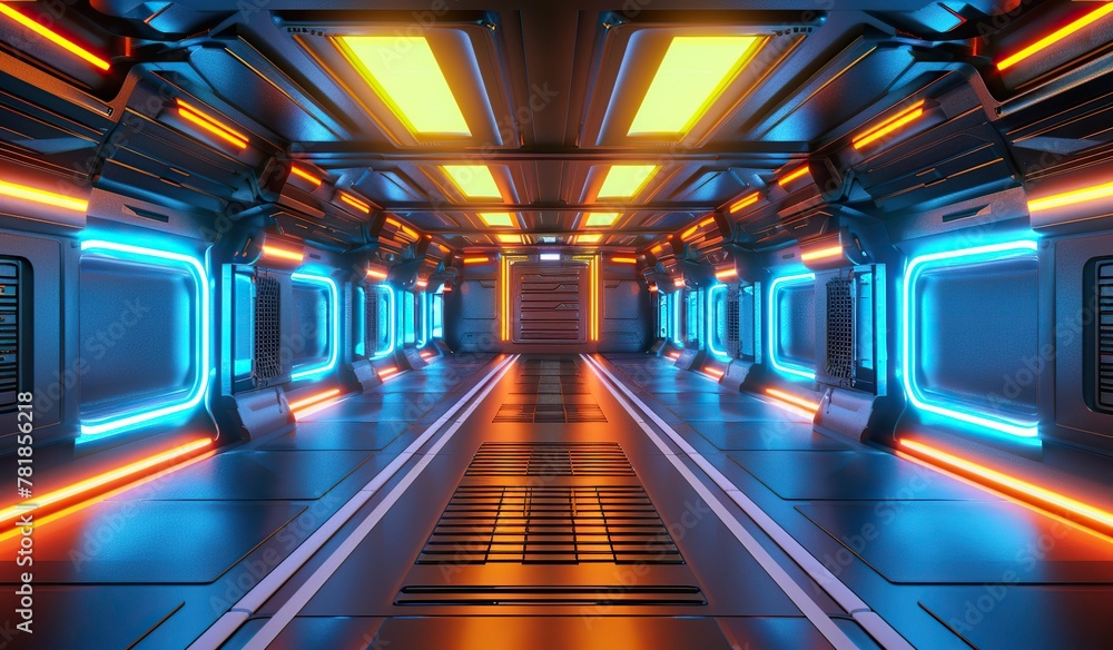Futuristic corridor with neon lights in a sci-fi spaceship interior