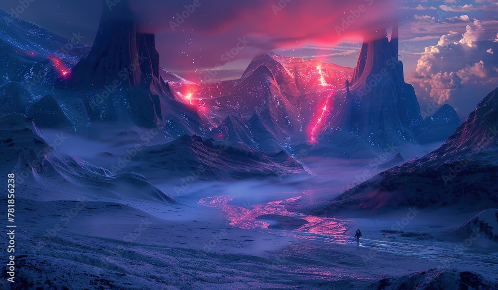 Mesmerizing alien landscape with lava rivers and a traveler