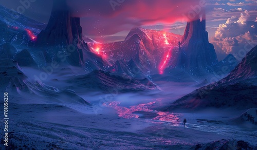 Mesmerizing alien landscape with lava rivers and a traveler