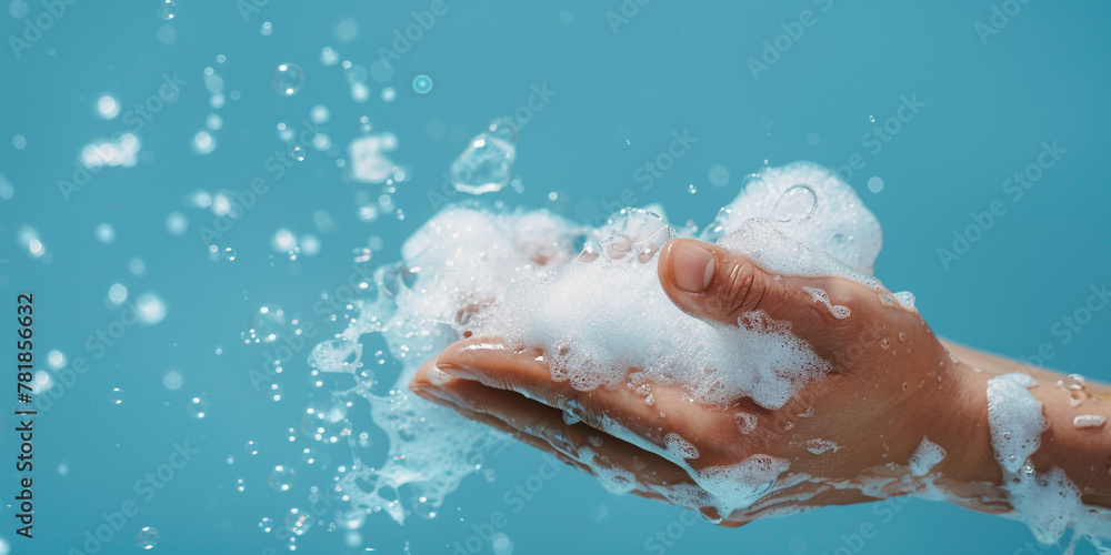 Fototapeta premium Adult hands with white soap foam bubbles on blue studio background. Soapy liquid texture with bubbles. Skin care cleansing cosmetic skincare care of yourself. Copy paste empty place for text