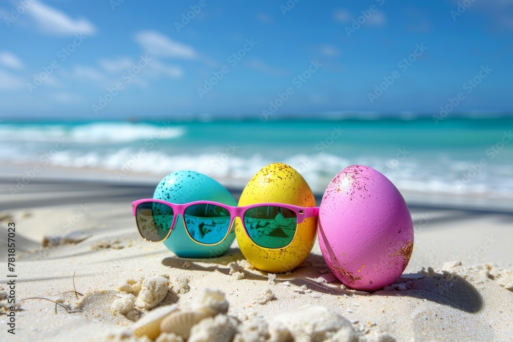 Happy Easter Eggs with Sunglasses on Ocean, Easter Travel, April Holiday Vacation