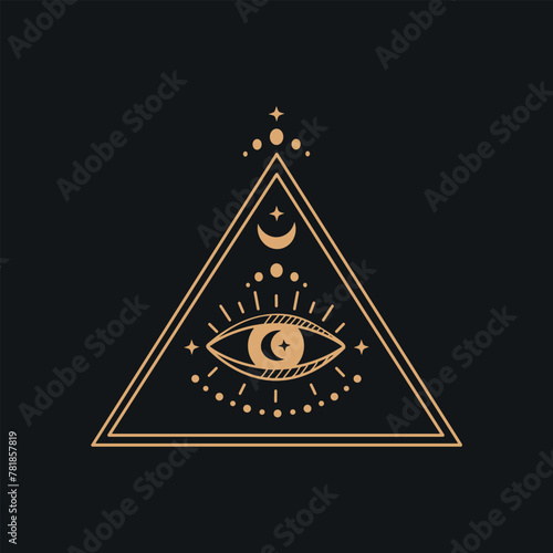 gold all seeing eye in triangle vector on black background photo