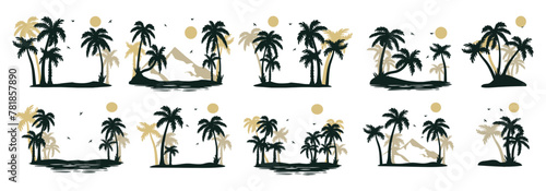 collection of palm landscapes with water and mountains vector silhouette. set of summer landscapes with palm trees vector silhouette