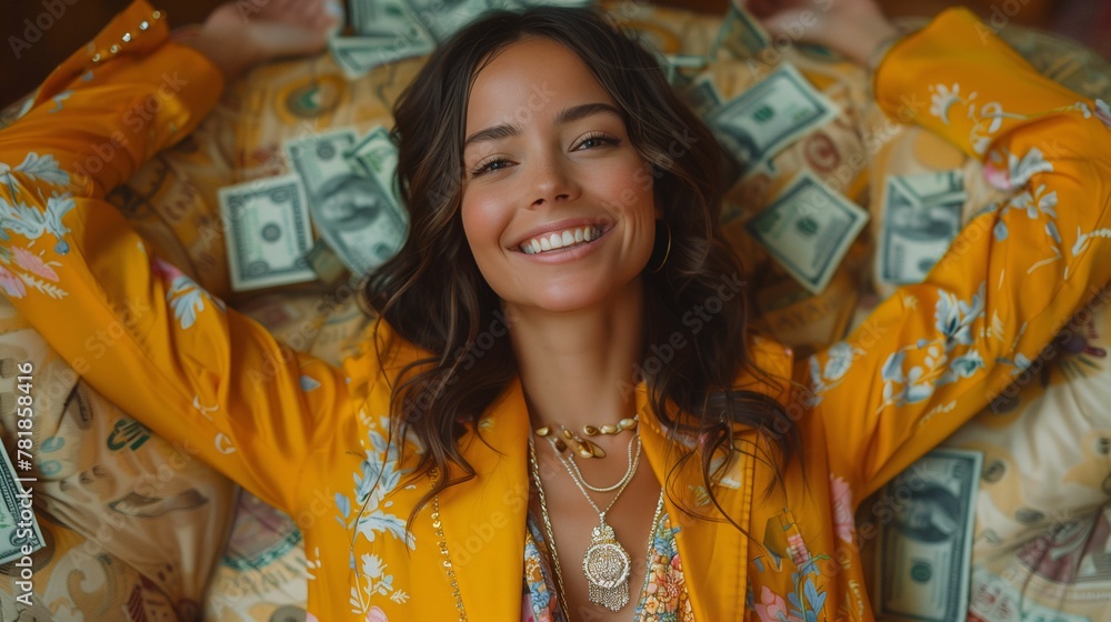 Smiling Woman with Cash and Gold Jewelry