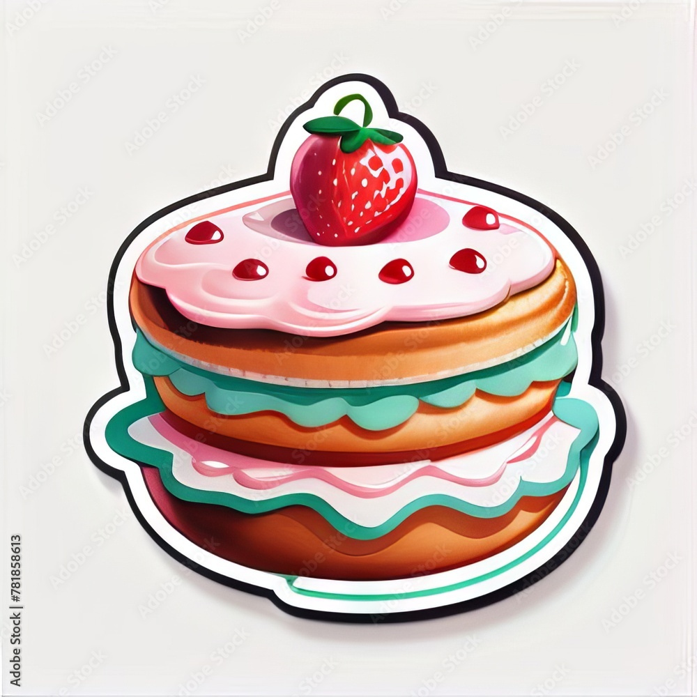 Sweet dessert - cream cake with strawberries and cream. Delicious holiday gift. Sticker. Sweet dessert - cream cake with strawberries and cream. Delicious holiday gift. Sticker.