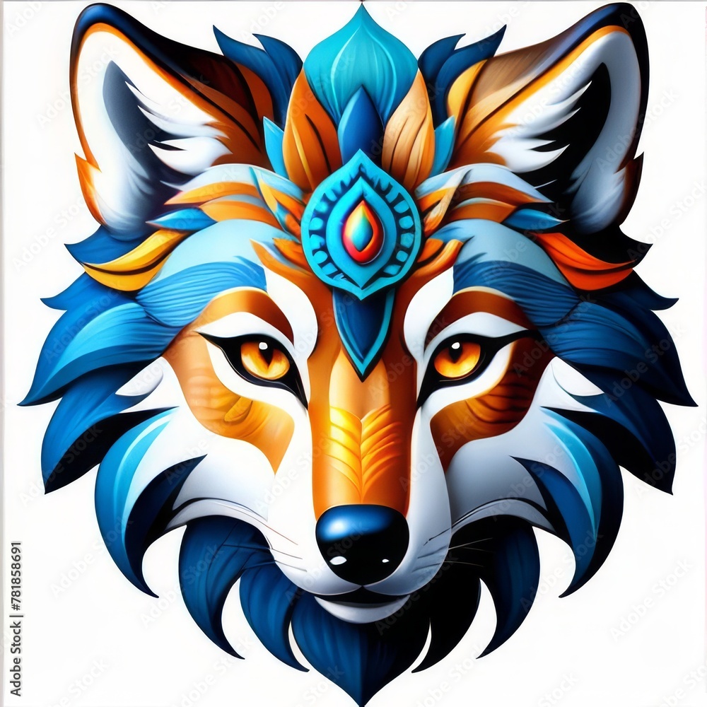 Obraz premium Bright colorful wolf head illustration on sticker. 