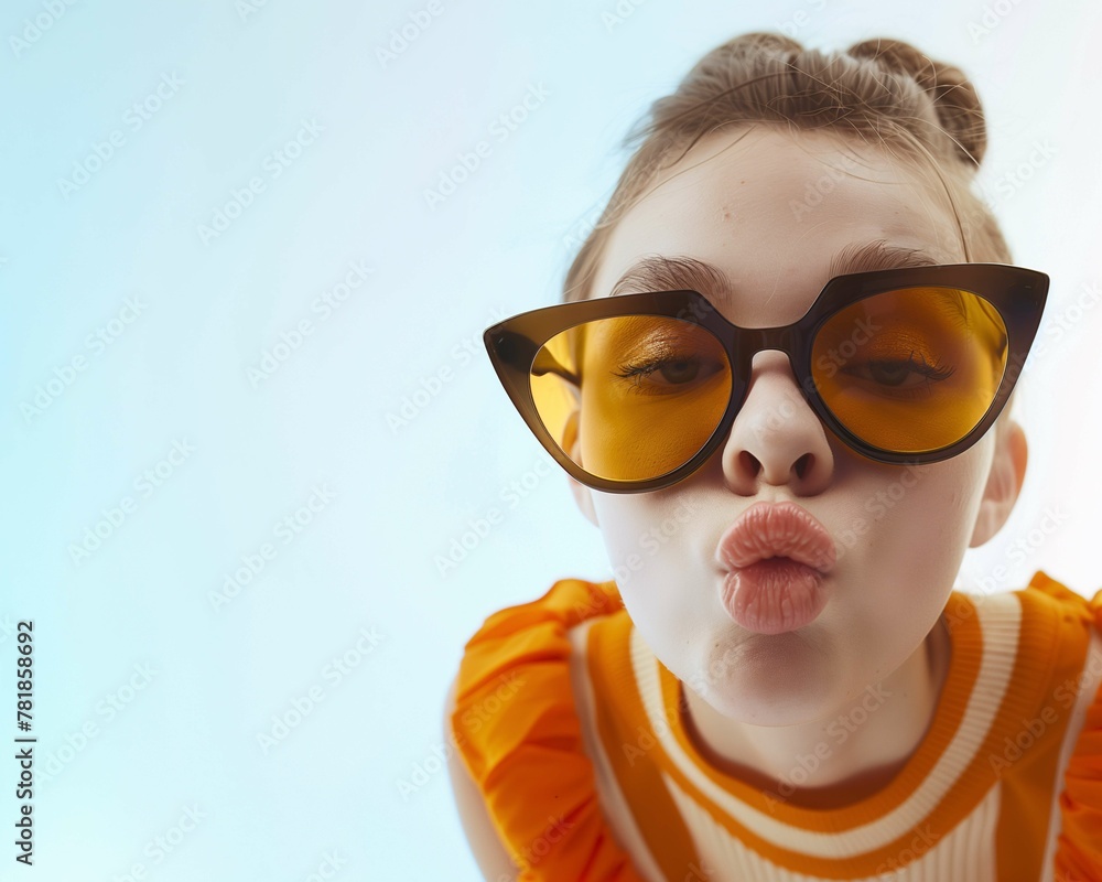 Girl Puckering Lips Wearing Oversized Sunglasses and Striped Shirt