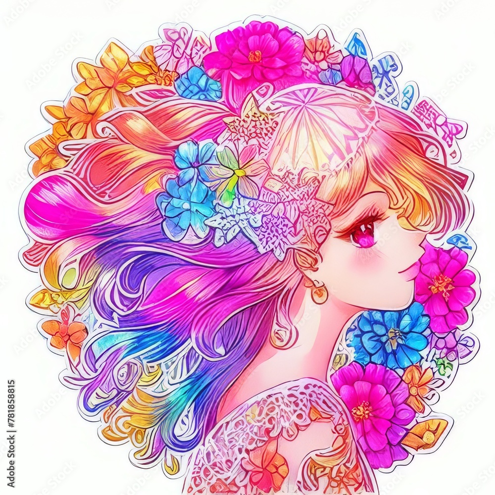 Colorful illustration of a young woman with her hair surrounded by flowers.