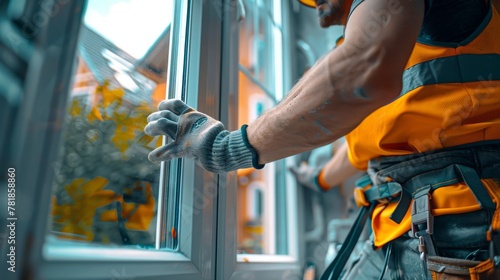 Worker installing window frame on residential building site