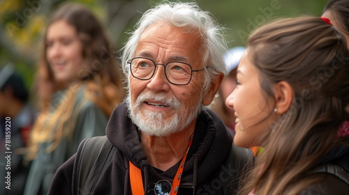 Smiling Senior Man with Glasses Talking to a Young Woman Outdoors © Stanley