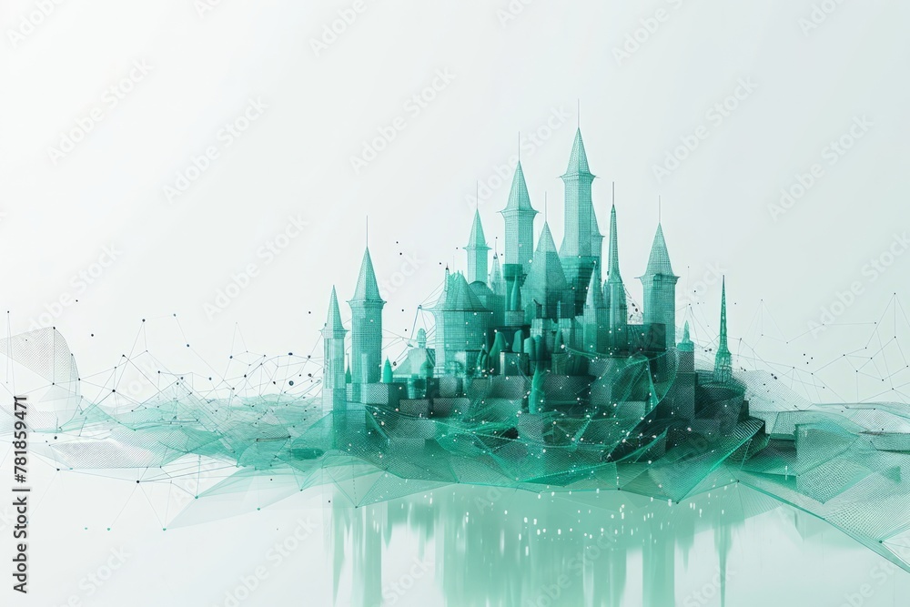 Naklejka premium Digital castle made of data and polygons with digital field, minimalism 3d render green color at white background