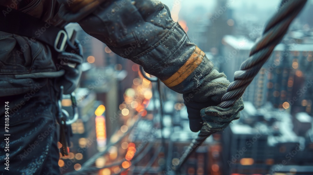 Construction worker gripping heavy duty steel cable at dusk
Construction worker gripping heavy duty steel cable at dusk