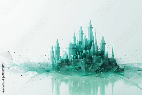 Digital castle made of data and polygons with digital field, minimalism 3d render green color at white background