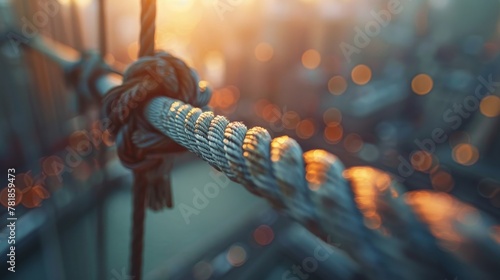 Knot on steel cable with sunset urban backdrop photo