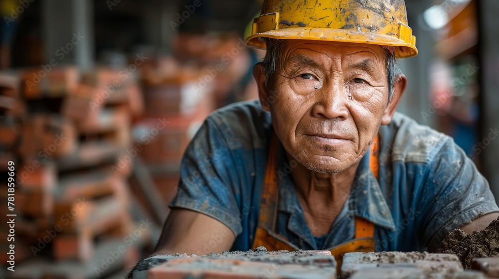 Elderly construction worker with hard hat laying bricks on a work site
