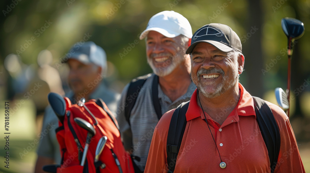 Group of cheerful senior golfers with clubs enjoying a game and companionship on a sunny day at the golf course. Group of cheerful senior golfers with clubs enjoying a game and companionship on a sunny day at the golf course.
