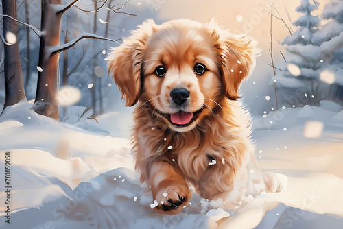 A cute puppy playing in the snow. Generative AI