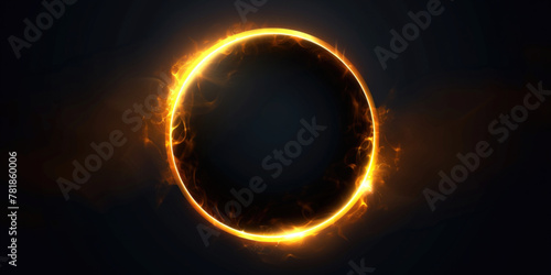 The dark silhouette of the moon obscures the sun silhouette. Rare mysterious natural phenomenon concept. Total solar eclipse above forest at night time.  photo