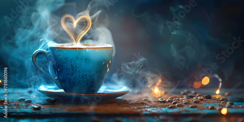 blue cup of coffee with steam in the shape of a heart, a warm and homely atmosphere