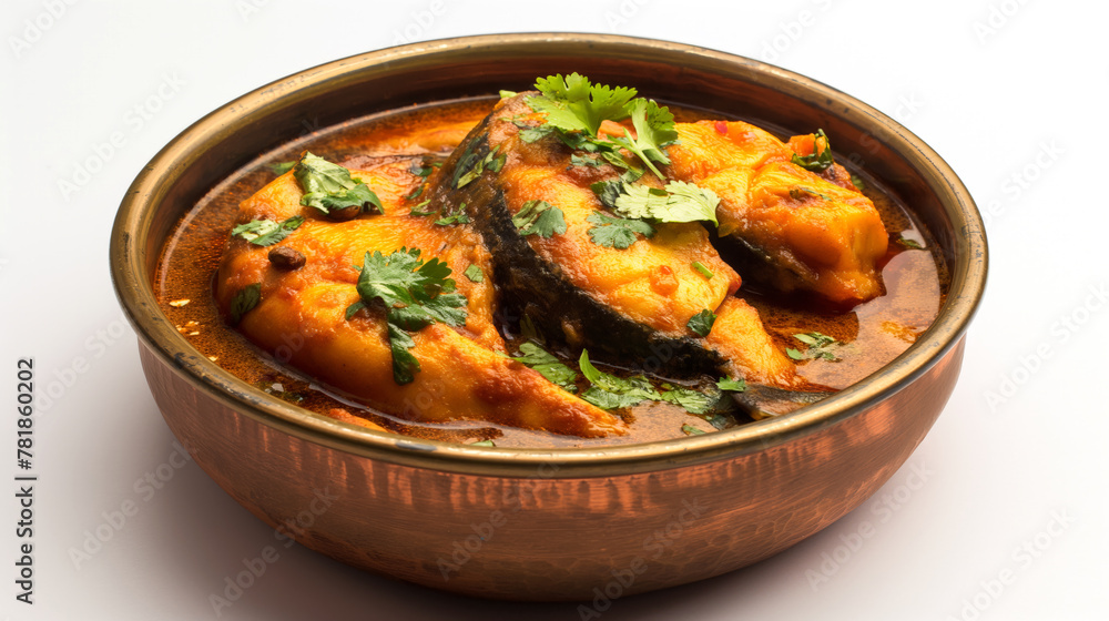 Traditional Bengali Fish Curry in Round Bronze Bowl, White Background Traditional Bengali Fish Curry in Round Bronze Bowl, White Background