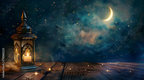 Ramadan background, with ample copy space for text and graphics, lantern on wooden table