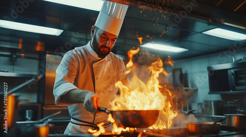 Professional Chef Flamb  ing Special Sauce in International Restaurant
